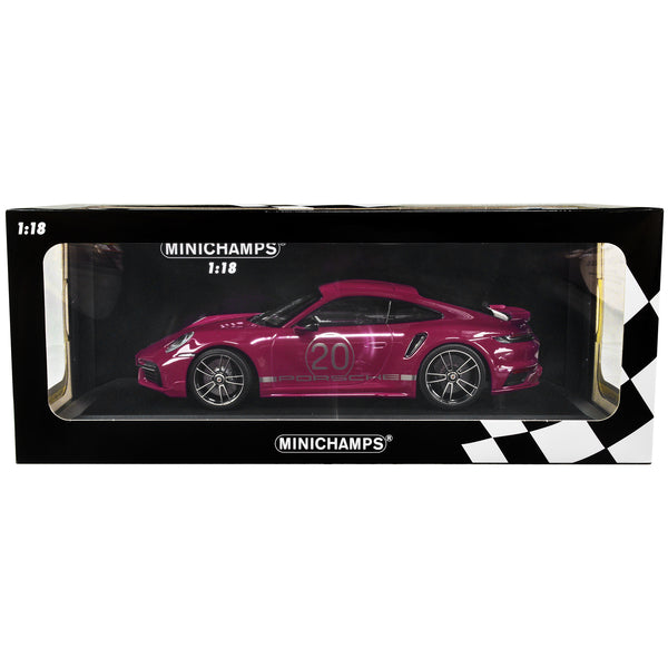 2021 Porsche 911 Turbo S with SportDesign Package #20 Red Violet with Silver Stripes Limited Edition to 504 pieces Worldwide 1/18 Diecast Model Car by Minichamps