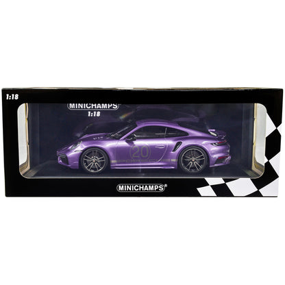 2021 Porsche 911 Turbo S with SportDesign Package #20 Viola Purple Metallic with Silver Stripes Limited Edition to 504 pieces Worldwide 1/18 Diecast Model Car by Minichamps