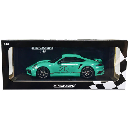 2021 Porsche 911 Turbo S with SportDesign Package #20 Green with Silver Stripes Limited Edition to 504 pieces Worldwide 1/18 Diecast Model Car by Minichamps