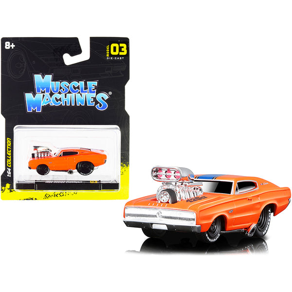 1966 Dodge Charger 426 C.I. Orange with Blue Stripe 1/64 Diecast Model Car by Muscle Machines