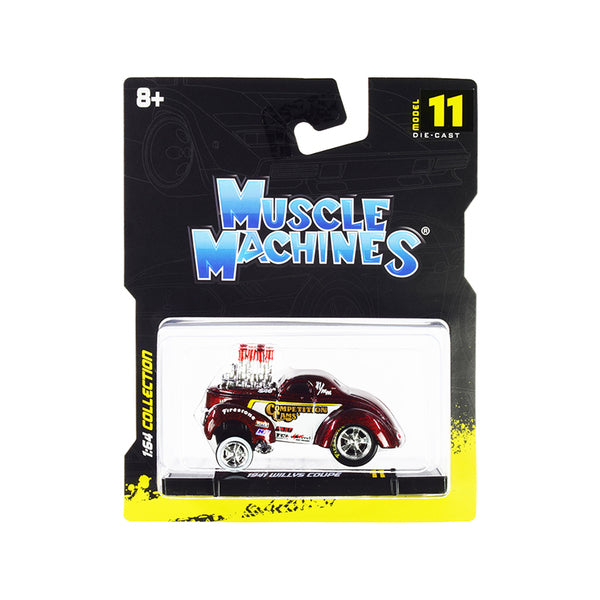 1941 Willys Coupe Gasser "Competition Cams" Red Metallic and White 1/64 Diecast Model Car by Muscle Machines