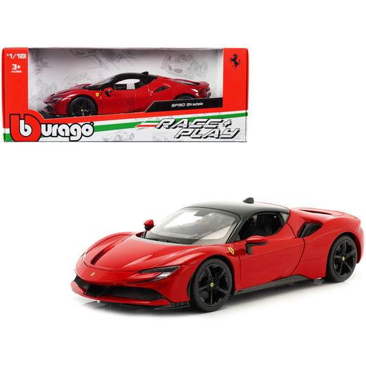 Ferrari SF90 Stradale Red with Black Top "Race + Play" Series 1/18 Diecast Model Car by Bburago