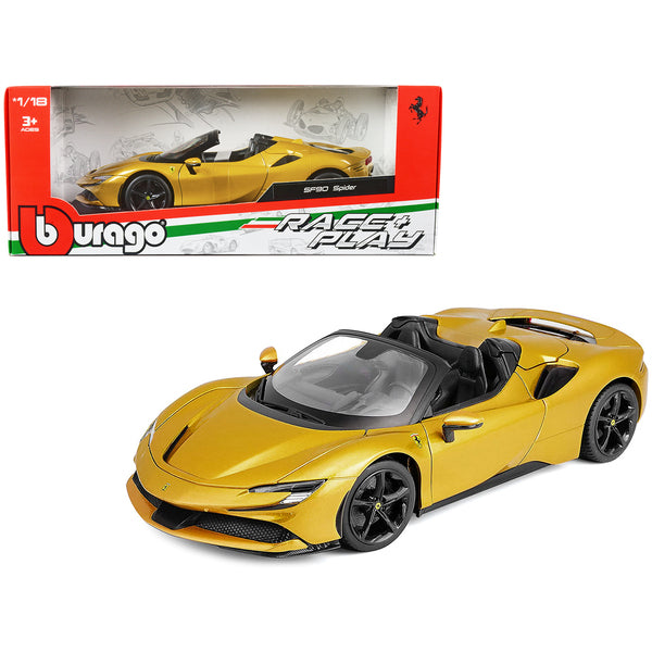 Ferrari SF90 Spider Gold Metallic "Race + Play" Series 1/18 Diecast Model Car by Bburago