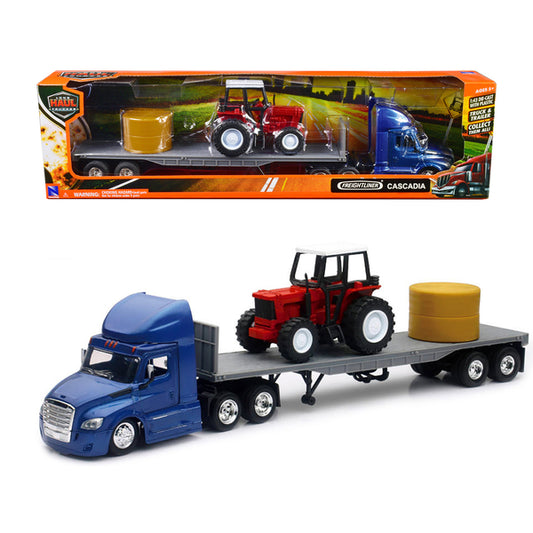 Freightliner Cascadia with Flatbed Trailer Blue with Farm Tractor Red and Hay Bales "Long Haul Trucker" Series 1/43 Diecast Model by New Ray