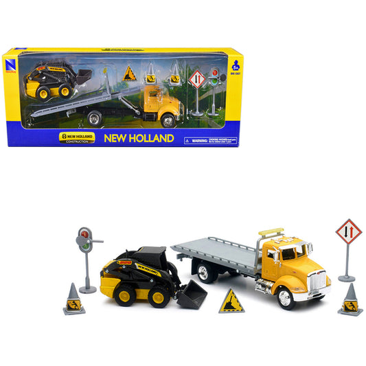 Peterbilt Roll-Off Flatbed Truck Yellow and New Holland L228 Skid Steer Yellow with Road Signs "New Holland Construction" Series 1/43 Diecast Model by New Ray