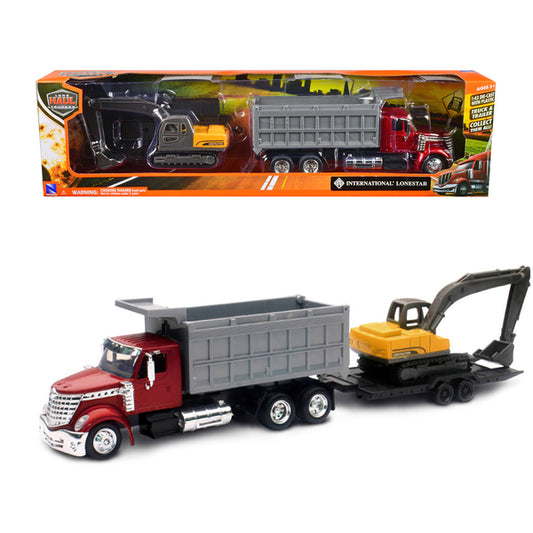 International Lonestar Dump Truck Red and Tracked Excavator Yellow with Flatbed Trailer "Long Haul Truckers" Series 1/43 Diecast Model by New Ray