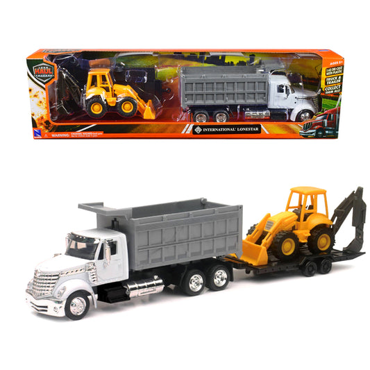 International Lonestar Dump Truck White and Wheel Loader Yellow with Flatbed Trailer "Long Haul Truckers" Series 1/43 Diecast Model by New Ray