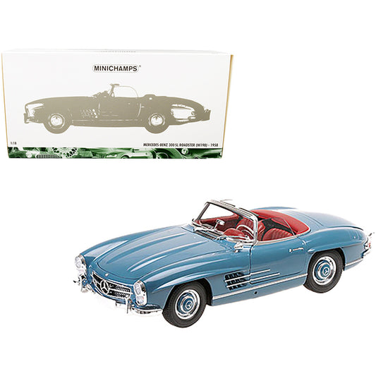 1958 Mercedes Benz 300 SL (W198) Roadster Blue with Red Interior 1/18 Diecast Model Car by Minichamps