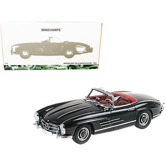 1958 Mercedes Benz 300 SL (W198) Roadster Black with Red Interior 1/18 Diecast Model Car by Minichamps