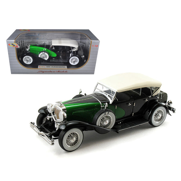 1934 Duesenberg Model J Black and Green with Cream Top 1/18 Diecast Model Car by Signature Models