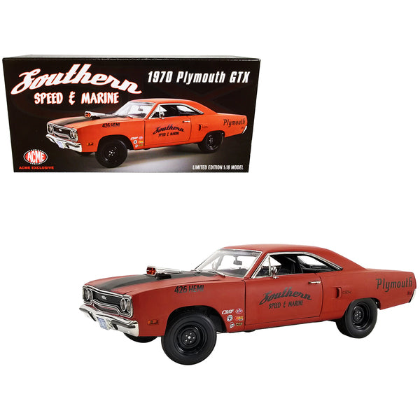 1970 Plymouth GTX 426 Drag Car Matt Orange with Black Stripes "Southern Speed & Marine" Limited Edition to 522 pieces Worldwide "ACME Exclusive" Series 1/18 Diecast Model Car by GMP