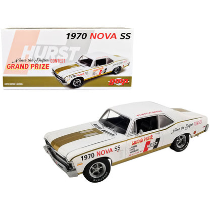 1970 Chevrolet Nova SS White with Graphics "Hurst - Name the Shifter Contest Grand Prize" Limited Edition to 564 pieces Worldwide 1/18 Diecast Model Car by GMP