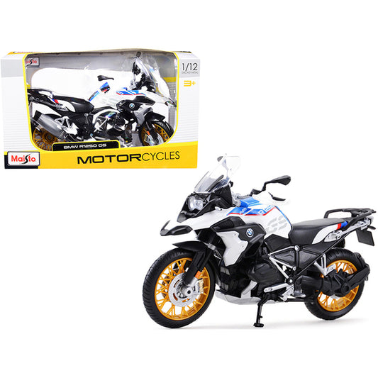 BMW R1250 GS White with Blue and Red Stripes 1/12 Diecast Motorcycle Model by Maisto