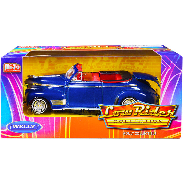 1941 Chevrolet Special Deluxe Convertible Candy Blue Metallic with Red Interior "Low Rider Collection" 1/24 Diecast Model Car by Welly