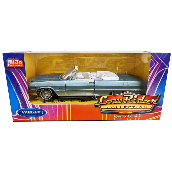 1963 Chevrolet Impala Convertible Lowrider Light Blue Metallic with White Interior "Low Rider Collection" 1/24 Diecast Model Car by Welly