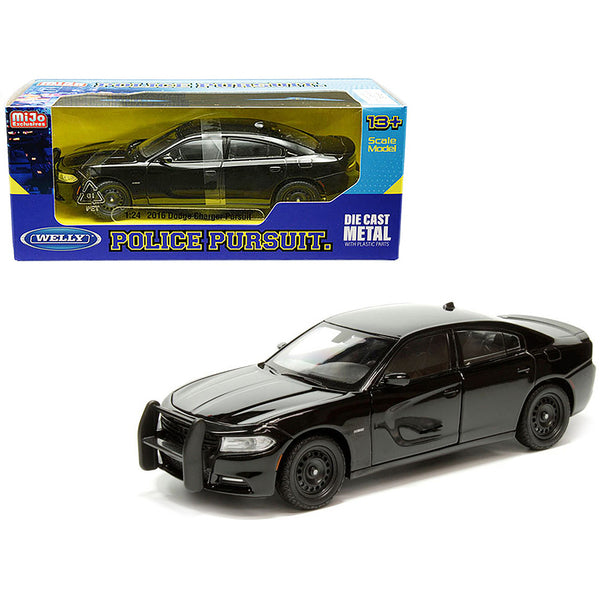 2016 Dodge Charger Pursuit Police Interceptor Black Unmarked "Police Pursuit" Series 1/24 Diecast Model Car by Welly