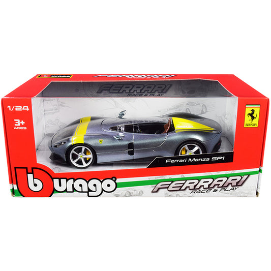 Ferrari Monza SP1 Silver Metallic with Yellow Stripes 1/24 Diecast Model Car by Bburago