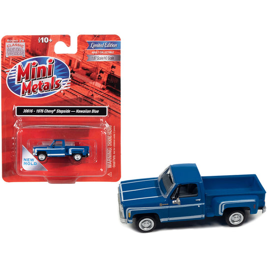 1976 Chevrolet Stepside Pickup Truck Hawaiian Blue with White Stripes 1/87 (HO) Scale Model Car by Classic Metal Works