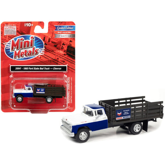 1960 Ford Stake Bed Truck "Chevron" Blue and White 1/87 (HO) Scale Model Car by Classic Metal Works