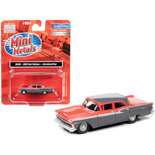 1959 Ford Fairlane Geranium Pink and Gunsmoke Gray 1/87 (HO) Scale Model Car by Classic Metal Works