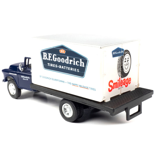 1957 Chevrolet Box Truck Dark Blue with White Top "BFGoodrich" 1/87 (HO) Scale Model by Classic Metal Works