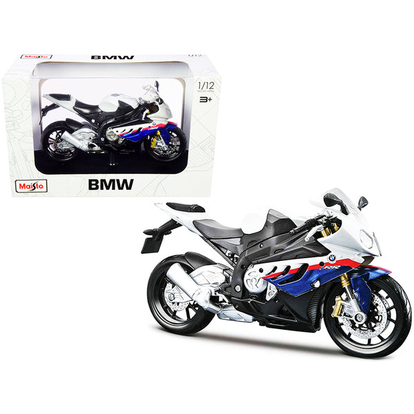 BMW S 1000 RR White with Blue and Red Stripes with Plastic Display Stand 1/12 Diecast Motorcycle Model by Maisto