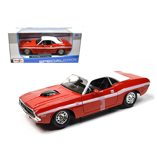 1970 Dodge Challenger R/T Coupe Red with White Top and White Stripes 1/24 Diecast Model Car by Maisto