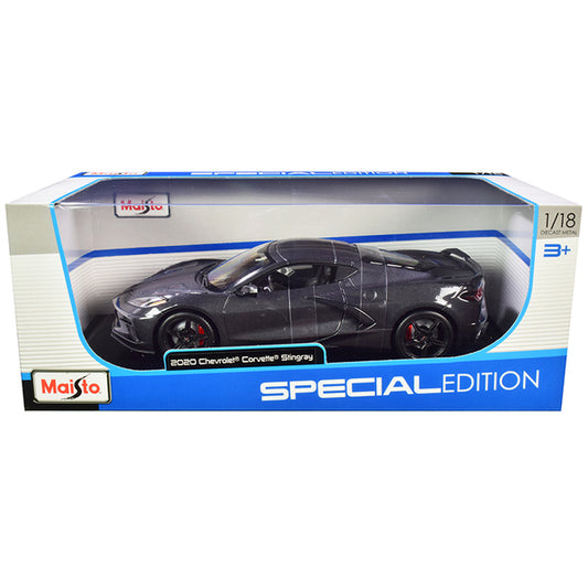 2020 Chevrolet Corvette Stingray C8 Dark Gray Metallic with Racing Stripes 1/18 Diecast Model Car by Maisto