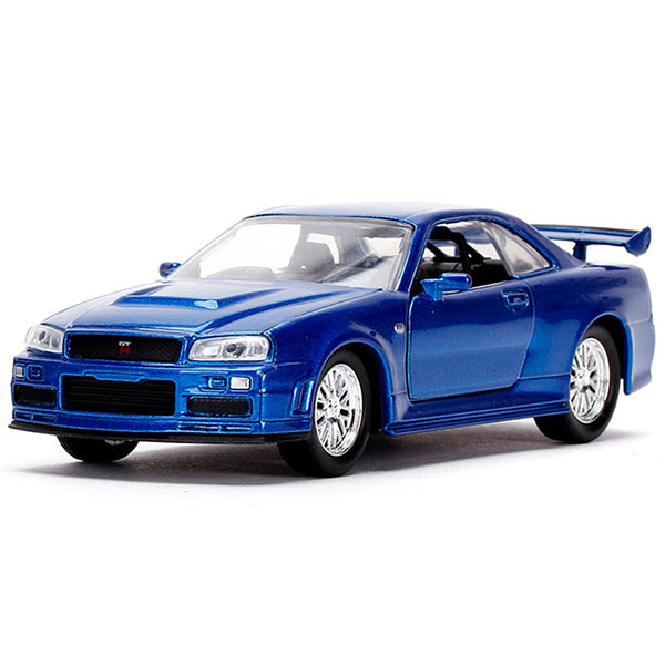 Brian's Nissan Skyline GT-R (BNR34) Silver with Blue Stripes and Nissan GT-R (BNR34) Blue Metallic Set of 2 pieces "Fast & Furious" Series 1/32 Diecast Model Cars by Jada