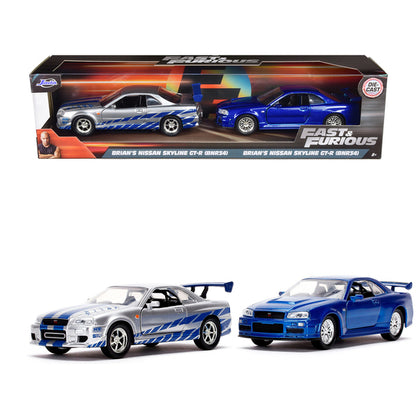 Brian's Nissan Skyline GT-R (BNR34) Silver with Blue Stripes and Nissan GT-R (BNR34) Blue Metallic Set of 2 pieces "Fast & Furious" Series 1/32 Diecast Model Cars by Jada