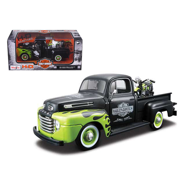 1948 Ford F-1 Pickup Truck "Harley Davidson" with 1948 Harley Davidson FL Panhead Motorcycle Black and Green 1/24 Diecast Models by Maisto