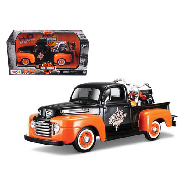 1948 Ford F-1 Pickup Truck with 1958 Harley Davidson FLH Duo Glide Motorcycle Orange and Black 1/24 Diecast Models by Maisto