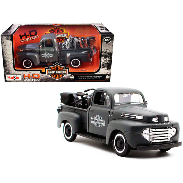 1948 Ford F-1 Pickup Truck and 1942 Harley-Davidson WLA Flathead Motorcycle Matt Dark Gray "Harley-Davidson Custom" 1/24 Diecast Models by Maisto