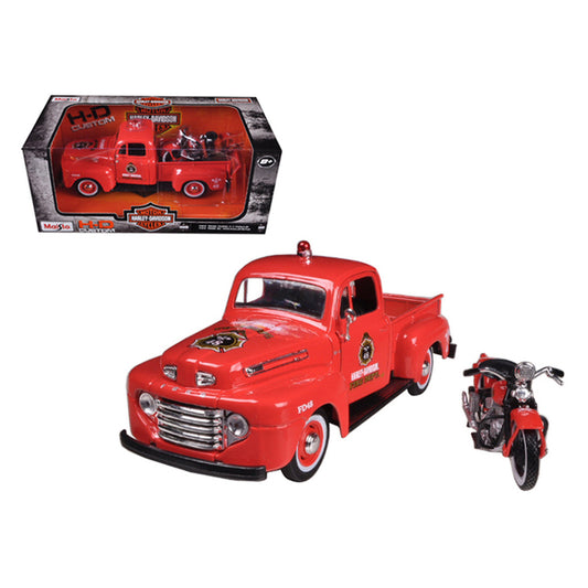 1948 Ford F-1 Pickup Truck "Harley Davidson" Fire Truck and 1936 El Knucklehead Motorcycle 1/24 Diecast Models by Maisto