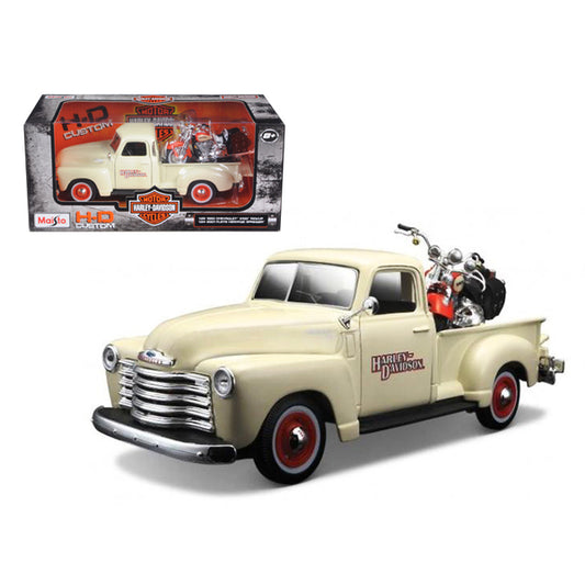 1950 Chevrolet 3100 Pickup Truck Cream 1/25 and 2001 FLSTS Heritage Springer Motorcycle Orange 1/24 "Harley-Davidson Custom" Series Diecast Models by Maisto