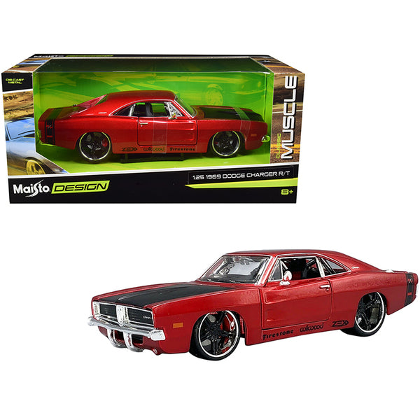 1969 Dodge Charger R/T Red Metallic with Black Hood and Black Stripes "Classic Muscle" 1/25 Diecast Model Car by Maisto