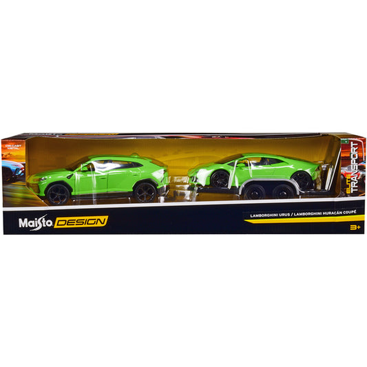 Lamborghini Urus Green with Lamborghini Huracan Coupe Green and Flatbed Trailer Set of 3 pieces "Elite Transport" Series 1/24 Diecast Model Cars by Maisto