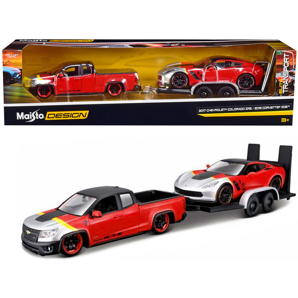 2017 Chevrolet Colorado ZR2 Pickup Truck Red and 2015 Chevrolet Corvette Z06 Red with Flatbed Trailer Set of 3 pieces "Elite Transport" Series 1/24 Diecast Model Cars by Maisto