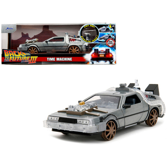 DeLorean Brushed Metal Time Machine (Train Wheel Version) with Lights "Back to the Future Part III" (1990) Movie "Hollywood Rides" Series 1/24 Diecast Model Car by Jada