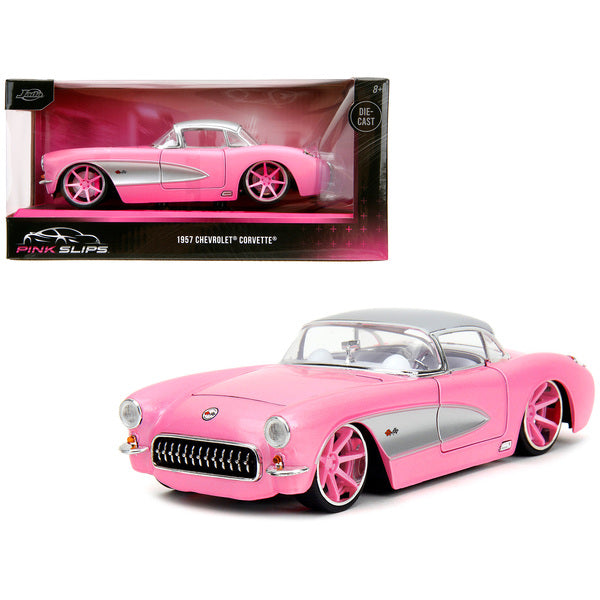 1957 Chevrolet Corvette Pink Metallic with Silver Top and White Interior "Pink Slips" Series 1/24 Diecast Model Car by Jada