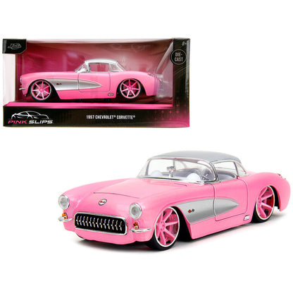 1957 Chevrolet Corvette Pink Metallic with Silver Top and White Interior "Pink Slips" Series 1/24 Diecast Model Car by Jada