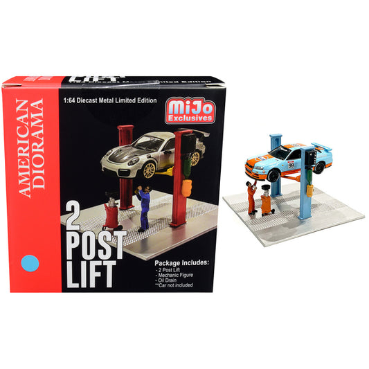 Two Post Lift (Sky Blue) with Mechanic Figurine and Oil Drainer Diorama Set for 1/64 Scale Models by American Diorama