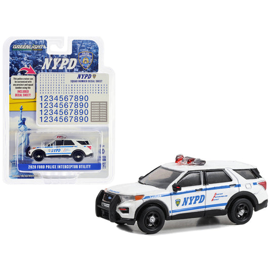 2020 Ford Police Interceptor Utility White "New York City Police Dept (NYPD)" with NYPD Squad Number Decal Sheet "Hot Pursuit - Hobby Exclusive" Series 1/64 Diecast Model Car by Greenlight