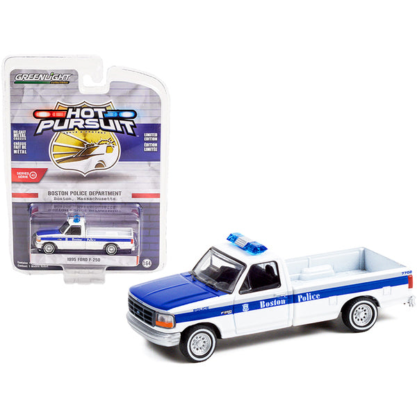 1995 Ford F-250 Pickup Truck White and Blue "Boston Police Department" (Massachusetts) "Hot Pursuit" Series 40 1/64 Diecast Model Car by Greenlight