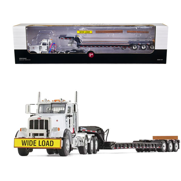 Peterbilt 367 Day Cab White and Talbert 55SA Tri-Axle Lowboy Trailer Black 1/50 Diecast Model by First Gear