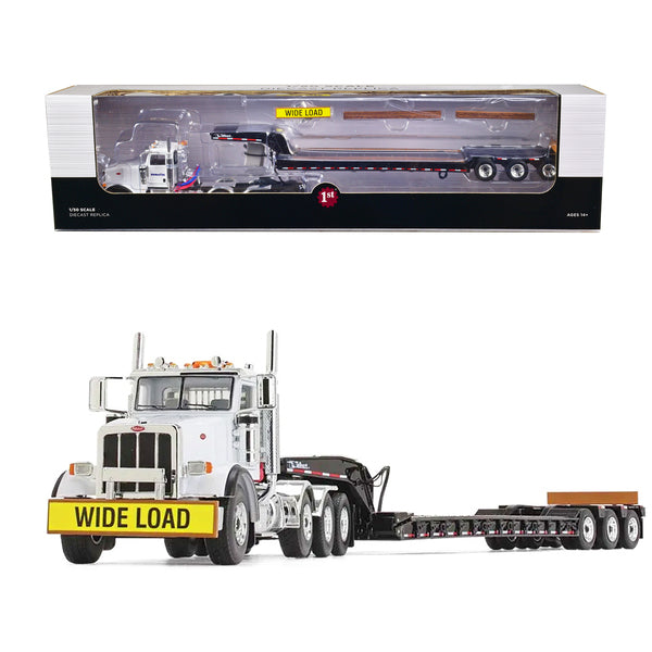 Peterbilt 367 Day Cab White "Komatsu" and Talbert 55SA Tri-Axle Lowboy Trailer Black 1/50 Diecast Model by First Gear