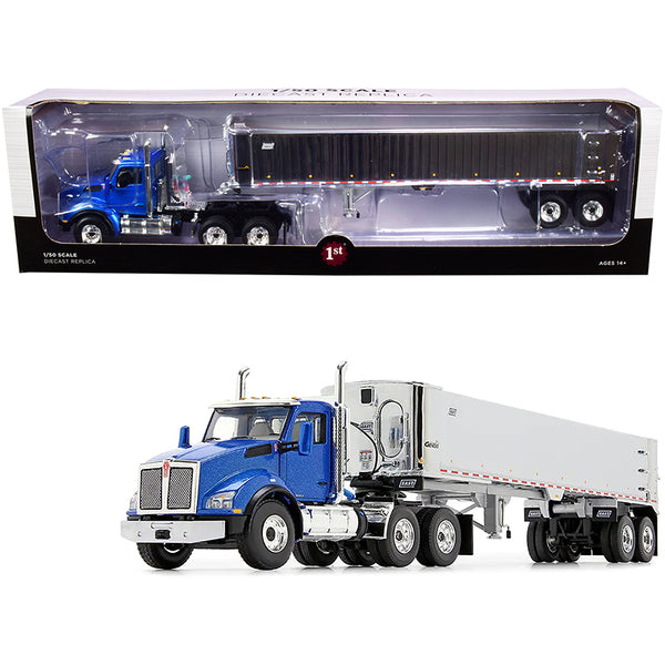 Kenworth T880 Day Cab with East Genesis End Dump Trailer Surf Blue Metallic and Chrome 1/50 Diecast Model by First Gear