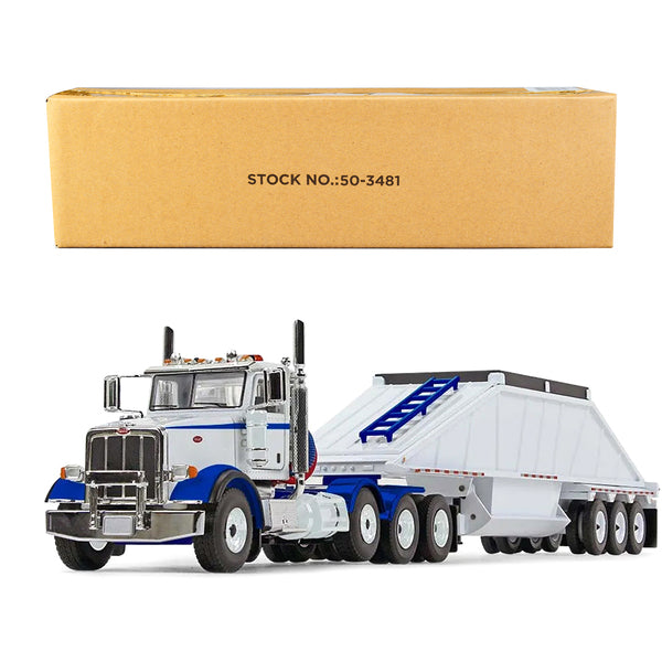 Peterbilt 367 Day Cab and Bottom Dump Trailer White and Surf Blue 1/50 Diecast Model by First Gear