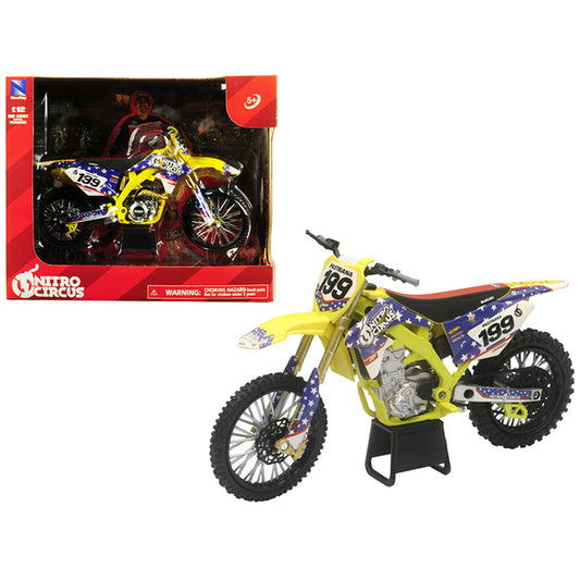 Suzuki RMZ450 Nitro Circus #199 Travis Pastrana Yellow/Blue 1/12 Diecast Motorcycle Model by New Ray