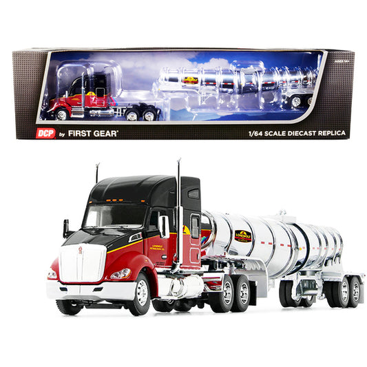 Kenworth T680 76" Mid-Roof Sleeper Cab Black and Red and Chrome Polar Deep Drop Tanker "Lonewolf Petrolum Co." 1/64 Diecast Model by DCP/First Gear